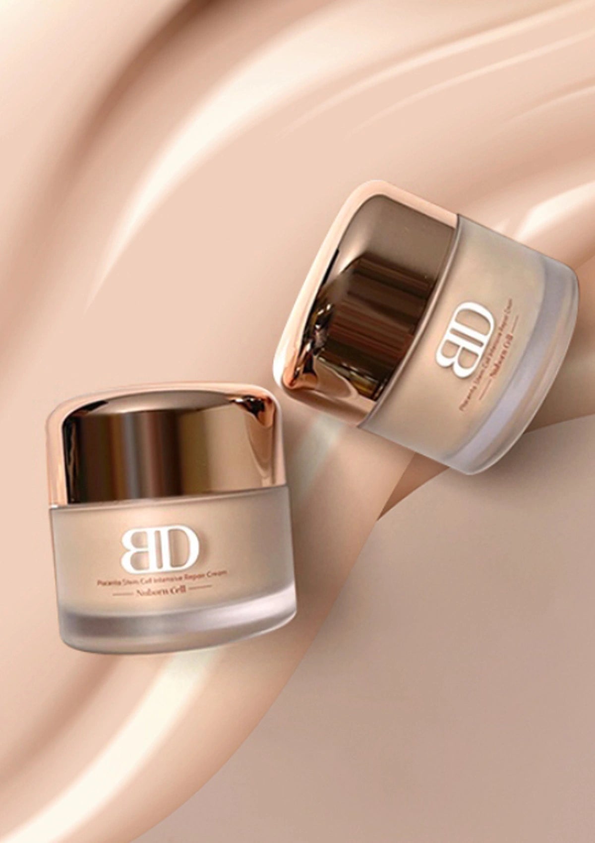 Two cosmetic jars with a brand logo on a beige background